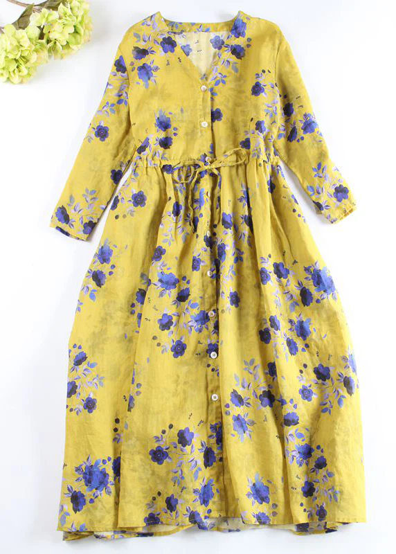 Boutique Yellow Button V Neck Print Linen Shirt Dress Long Sleeve
