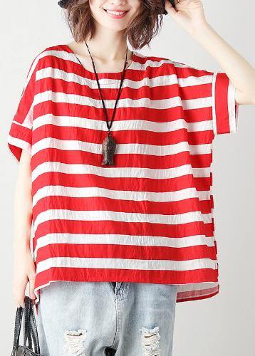 Loose red striped cotton clothes For Women o neck Batwing Sleeve silhouette blouses