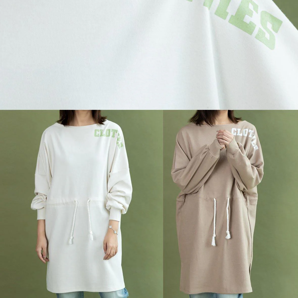 Style drawstring side open Cotton quilting dress khaki Dress fall