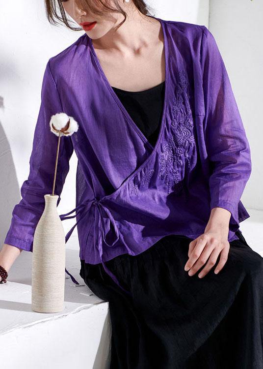 Boutique Purple Tie Waist Asymmetrical Design Summer Ramie Top