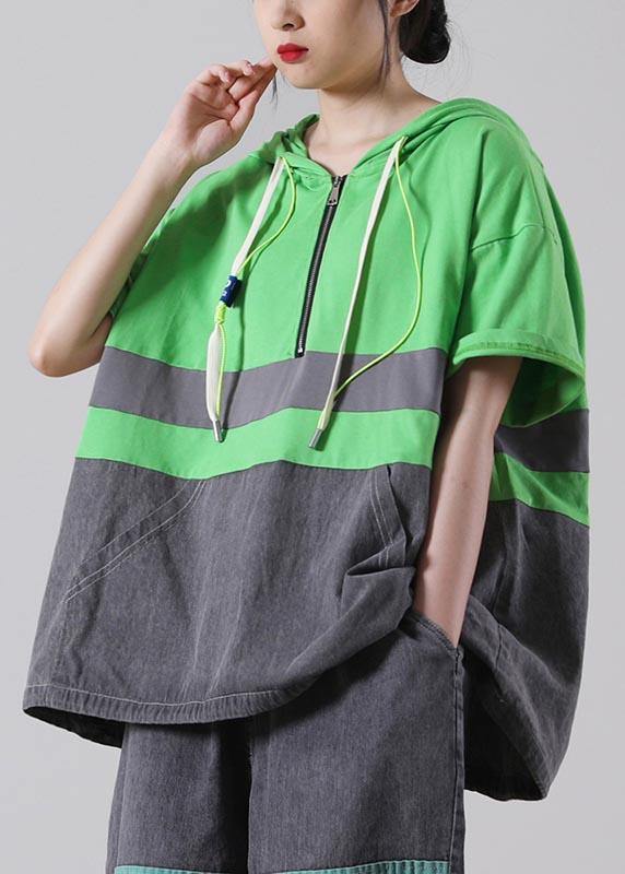 Fine Green hooded Patchwork Cotton Blouses Summer
