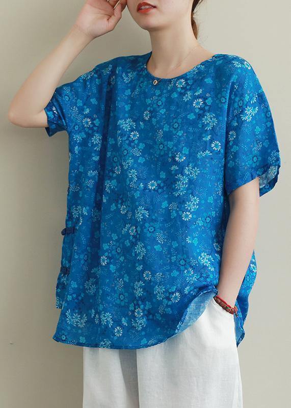 Chic o neck Chinese Button linen clothes For Women Work blue print blouse
