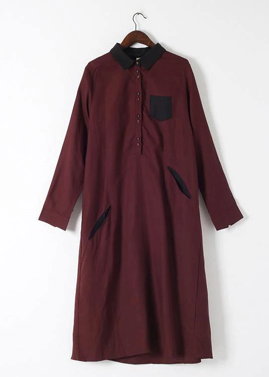 Wine Red Large Linen Long Shirt Dress Robe