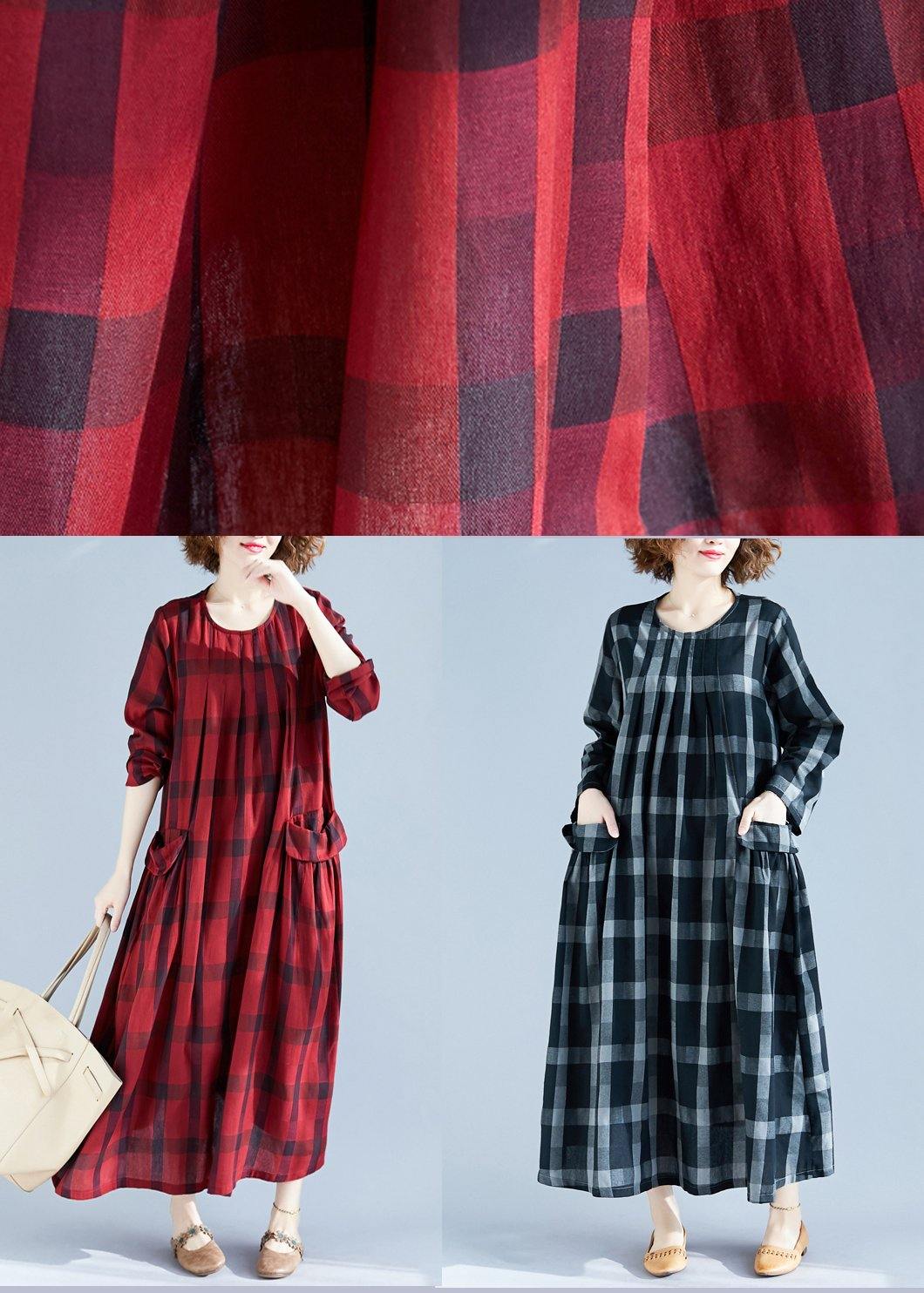 DIY O Neck Pockets Spring Tunics Gray Plaid Maxi Dress
