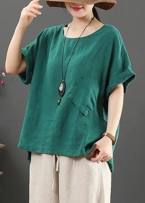 Elegant o neck pockets linen cotton summer shirts women green Art tops